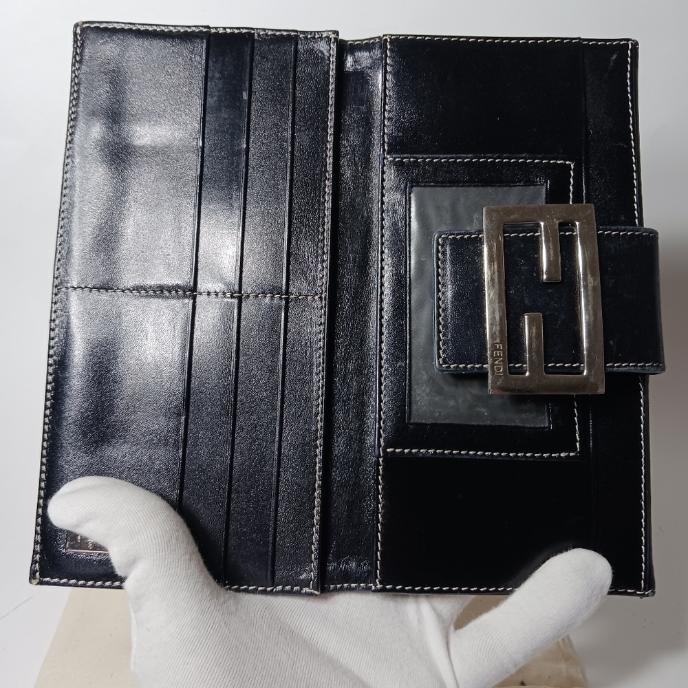 FENDI Zucchino canvas long wallet with button snap silver brass logo navy Blue - Picture 5 of 16